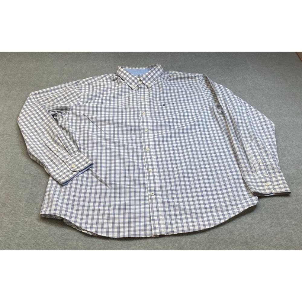 IZOD Button Down Shirt Men XL White Navy Blue Plaid Windowpane Long Sleeve